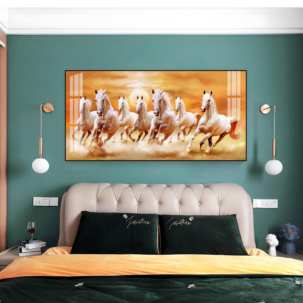 Peaceful White Horses Running Acrylic Wall Art Canvas With Golden Sunset Background
