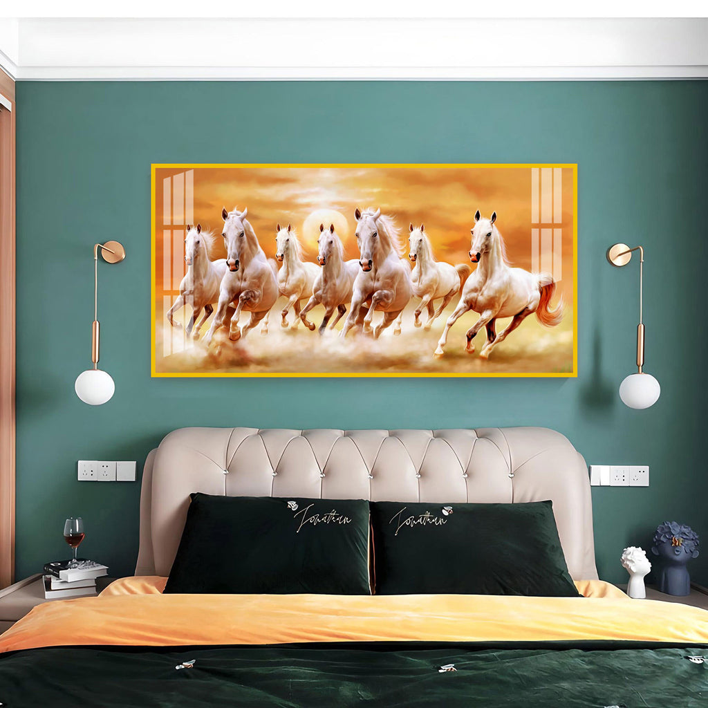 Peaceful White Horses Running Acrylic Wall Art Canvas With Golden Sunset Background