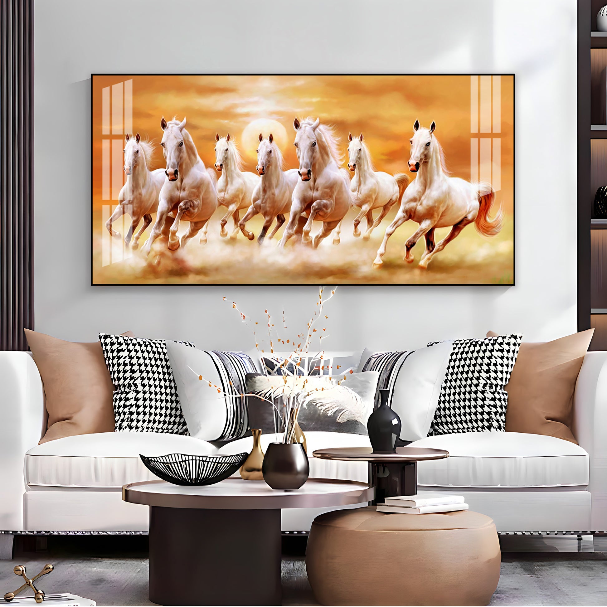Peaceful White Horses Running Acrylic Wall Art Canvas With Golden Sunset Background