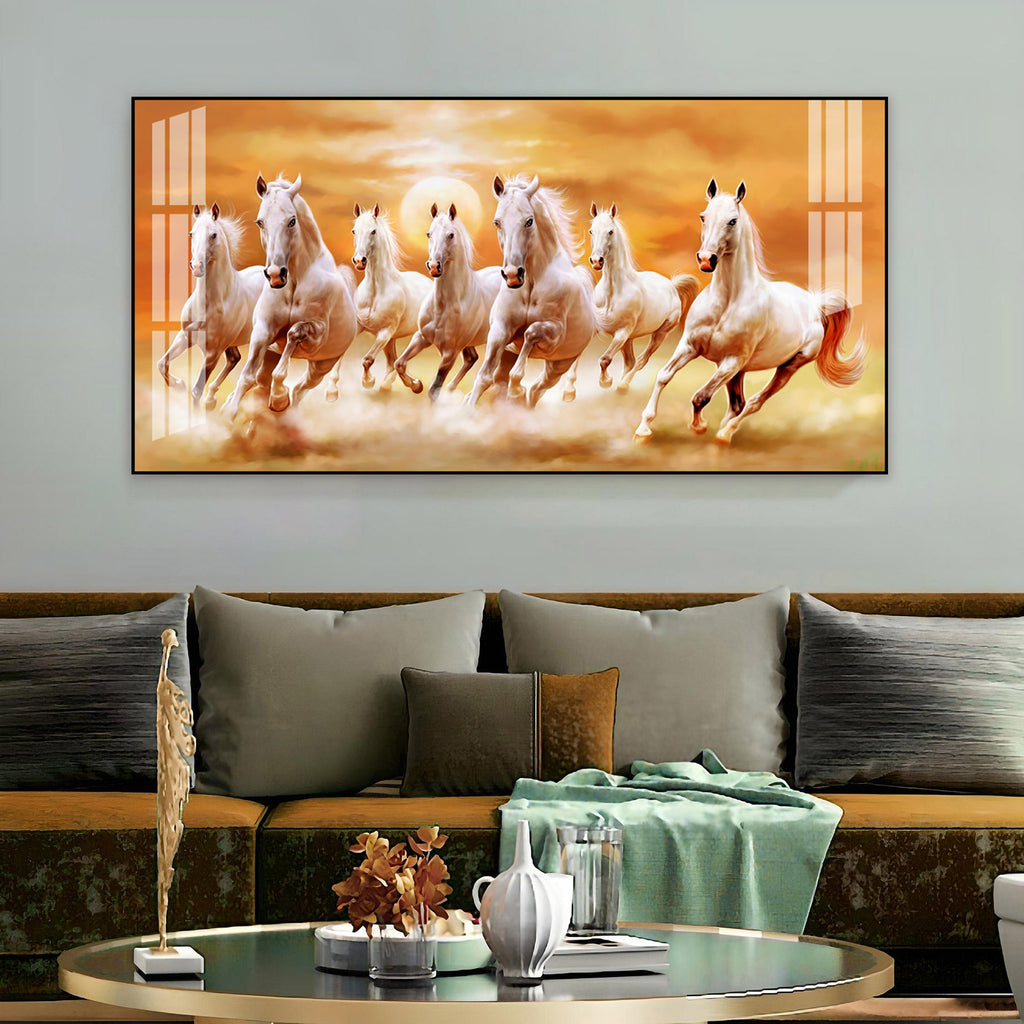 Peaceful White Horses Running Acrylic Wall Art Canvas With Golden Sunset Background