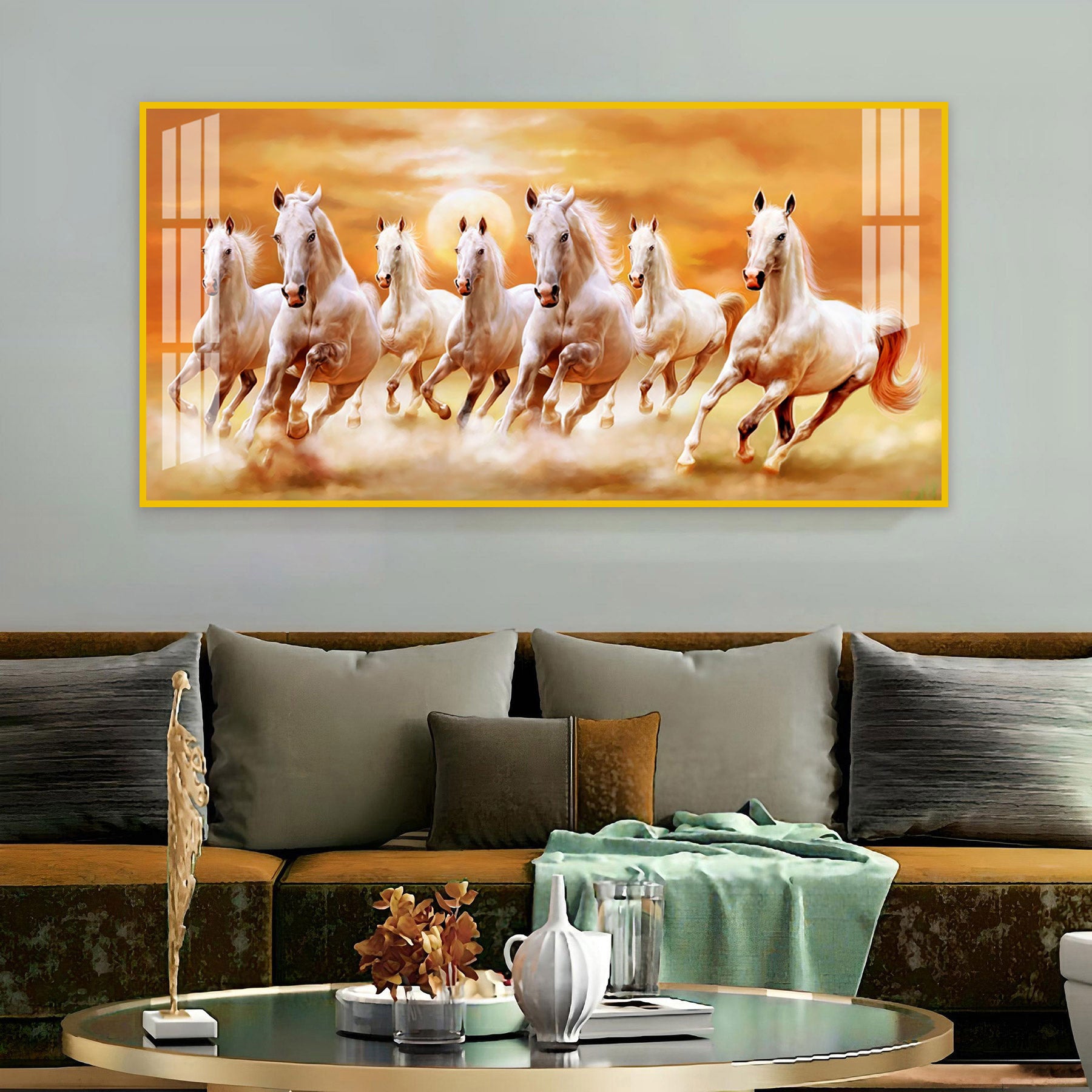 Peaceful White Horses Running Acrylic Wall Art Canvas With Golden Sunset Background
