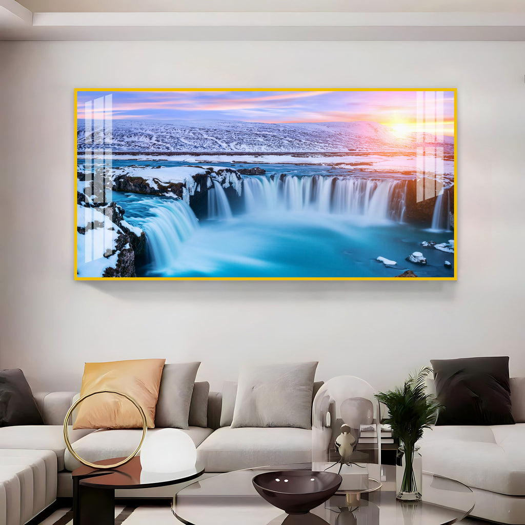 Calm Nature Waterfall Acrylic Wall Art Canvas With Snowy Landscape And Soft Light