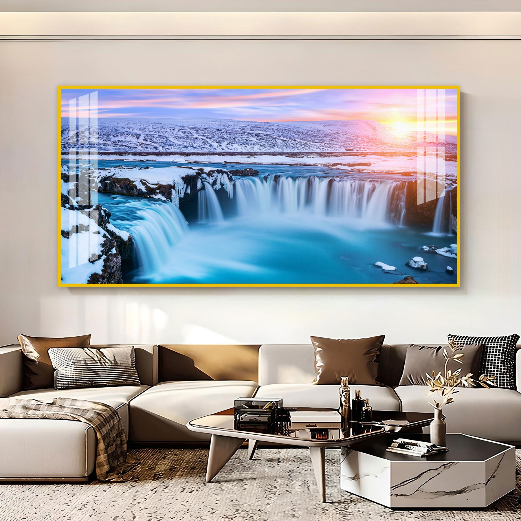 Calm Nature Waterfall Acrylic Wall Art Canvas With Snowy Landscape And Soft Light