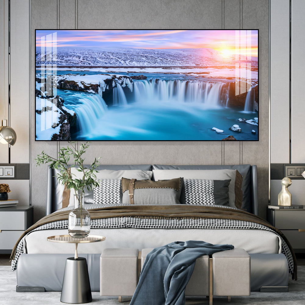Calm Nature Waterfall Acrylic Wall Art Canvas With Snowy Landscape And Soft Light