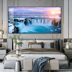 Calm Nature Waterfall Acrylic Wall Art Canvas With Snowy Landscape And Soft Light