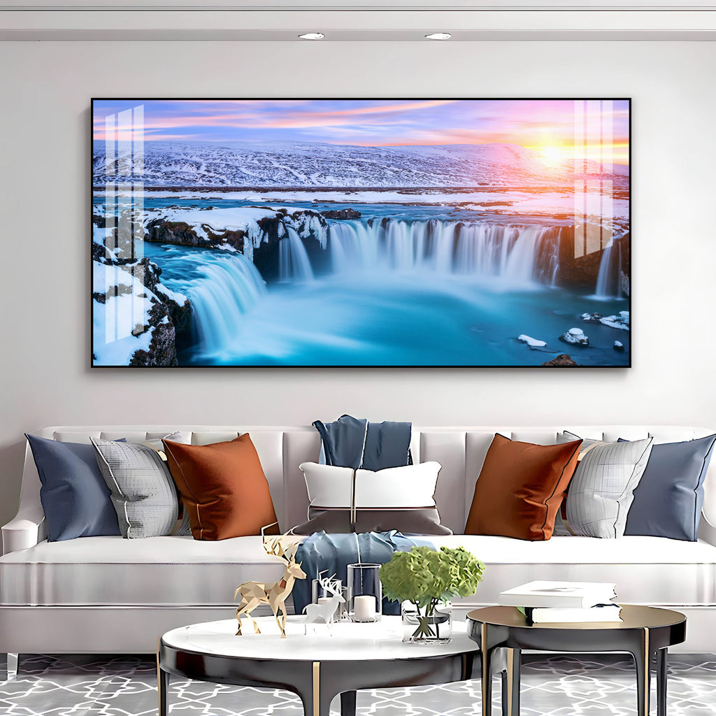 Calm Nature Waterfall Acrylic Wall Art Canvas With Snowy Landscape And Soft Light