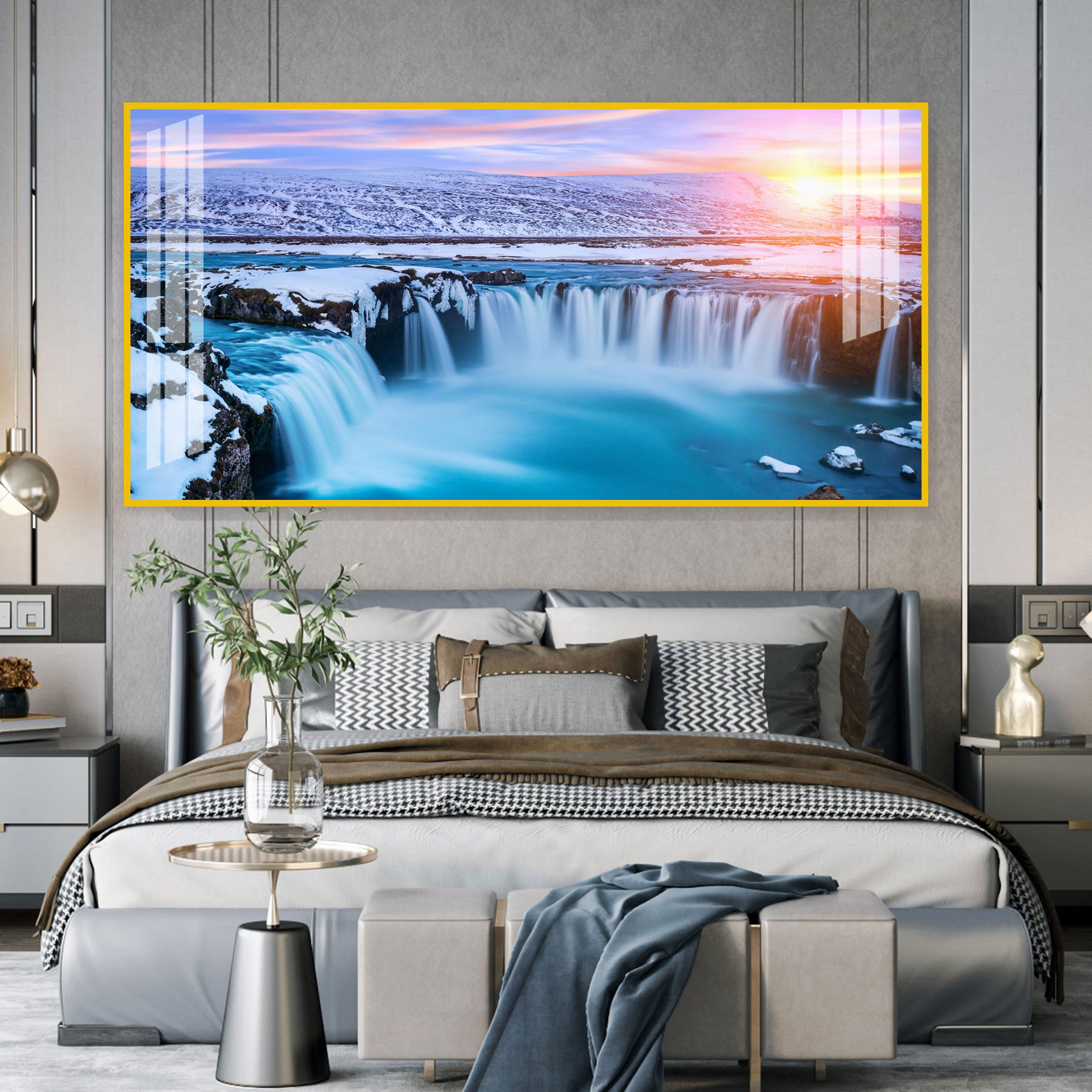Calm Nature Waterfall Acrylic Wall Art Canvas With Snowy Landscape And Soft Light