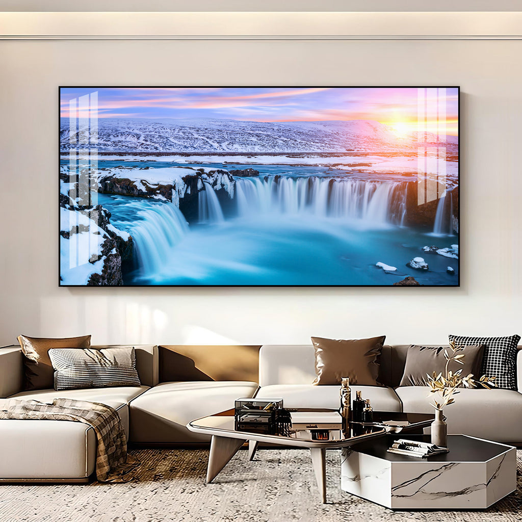 Calm Nature Waterfall Acrylic Wall Art Canvas With Snowy Landscape And Soft Light