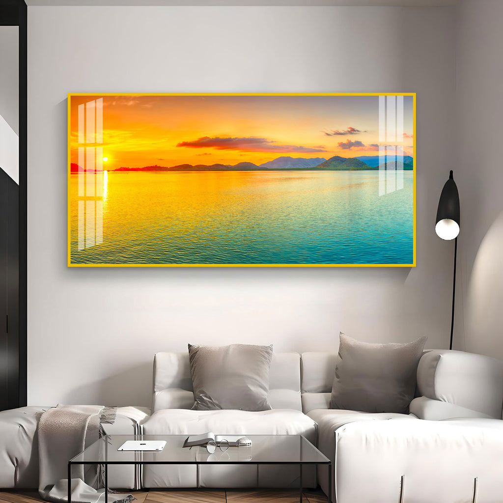 Peaceful Sunset Lake Landscape Acrylic Wall Art Canvas With Golden Sky And Water