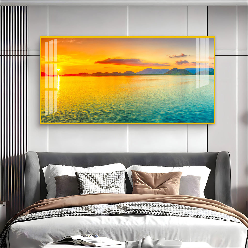 Peaceful Sunset Lake Landscape Acrylic Wall Art Canvas With Golden Sky And Water