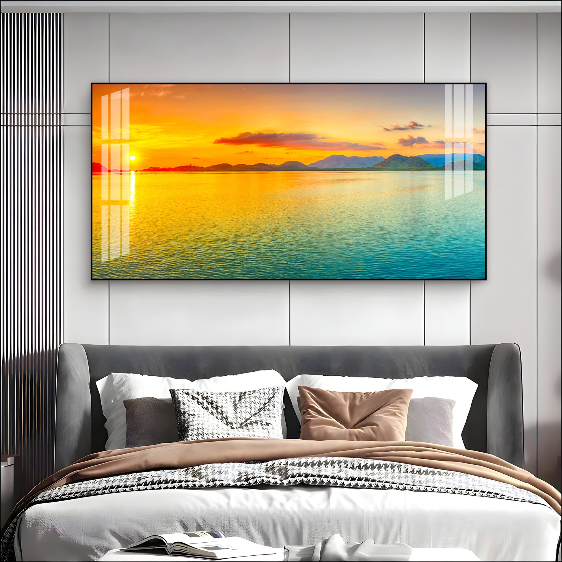 Peaceful Sunset Lake Landscape Acrylic Wall Art Canvas With Golden Sky And Water