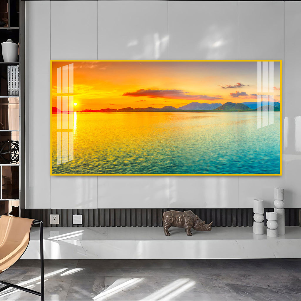 Peaceful Sunset Lake Landscape Acrylic Wall Art Canvas With Golden Sky And Water