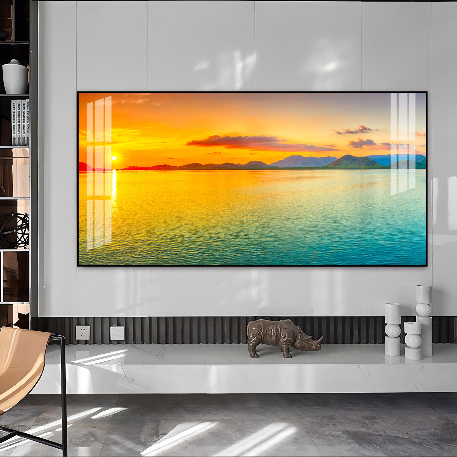 Peaceful Sunset Lake Landscape Acrylic Wall Art Canvas With Golden Sky And Water
