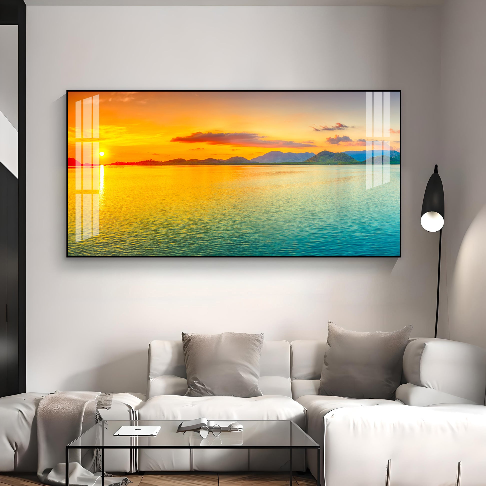 Peaceful Sunset Lake Landscape Acrylic Wall Art Canvas With Golden Sky And Water
