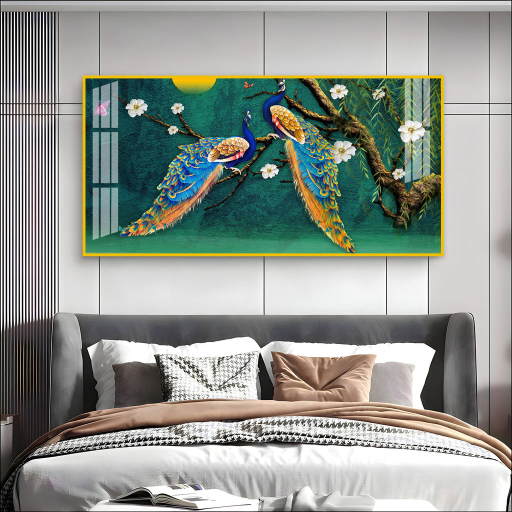 Calm Peacock Birds Scene Acrylic Wall Art Canvas With Flowers And Artistic Style