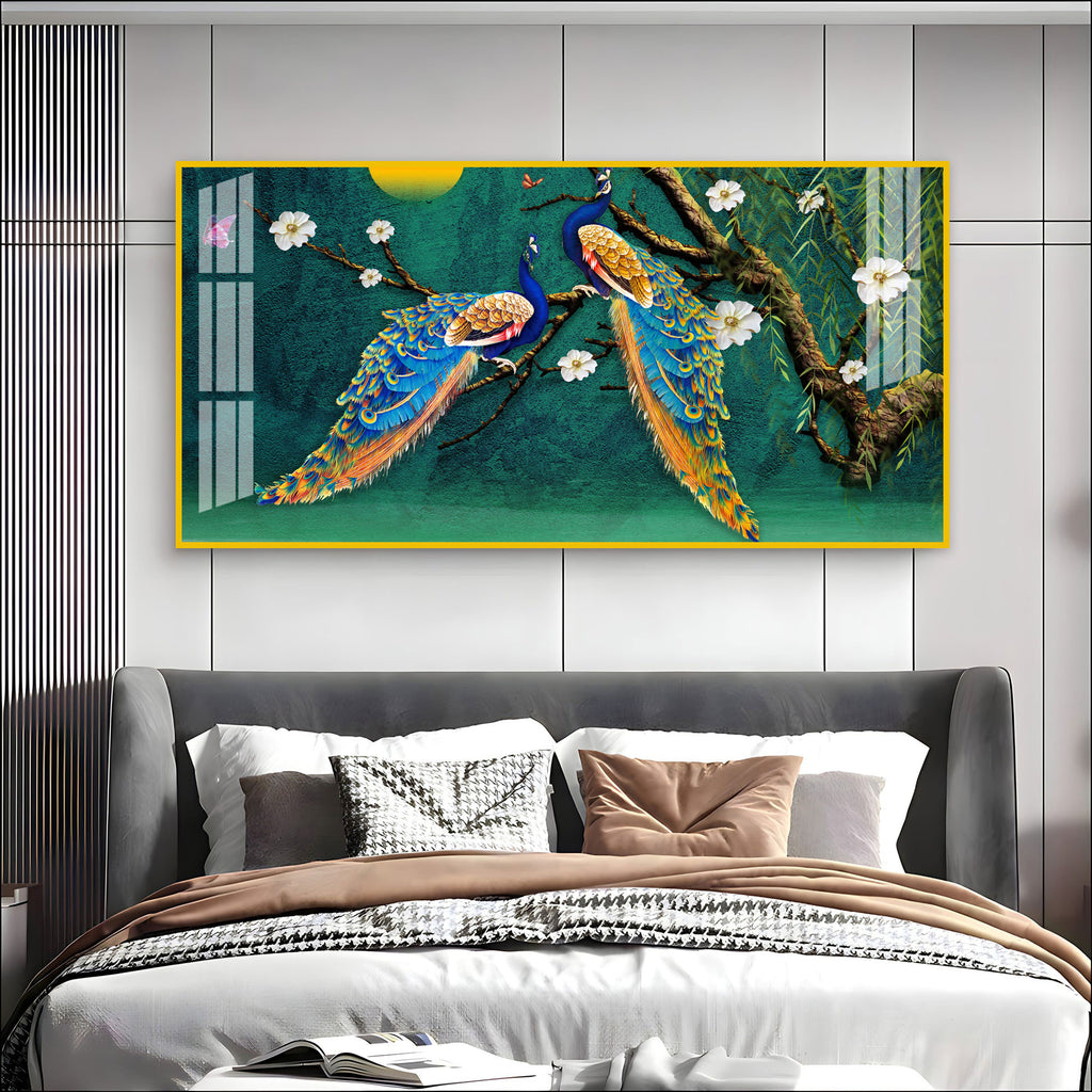 Calm Peacock Birds Scene Acrylic Wall Art Canvas With Flowers And Artistic Style