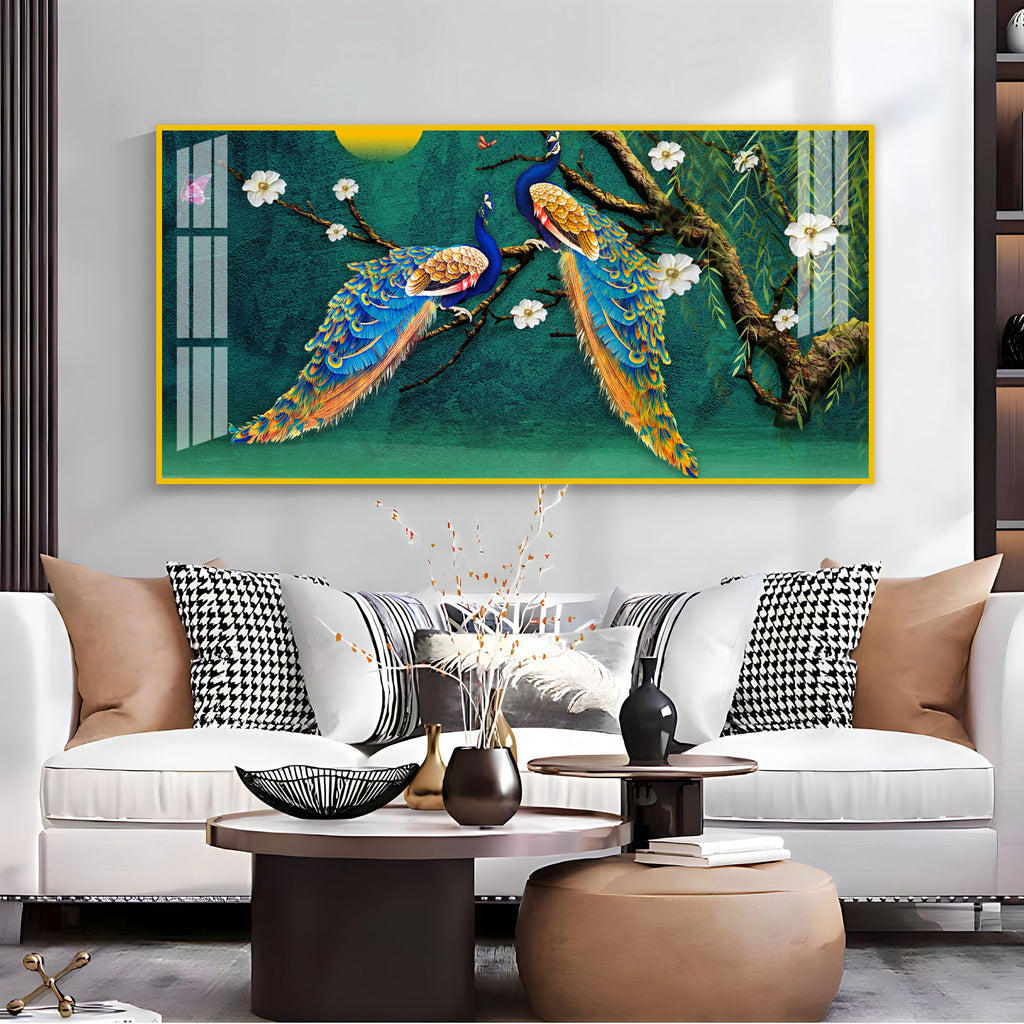 Calm Peacock Birds Scene Acrylic Wall Art Canvas With Flowers And Artistic Style