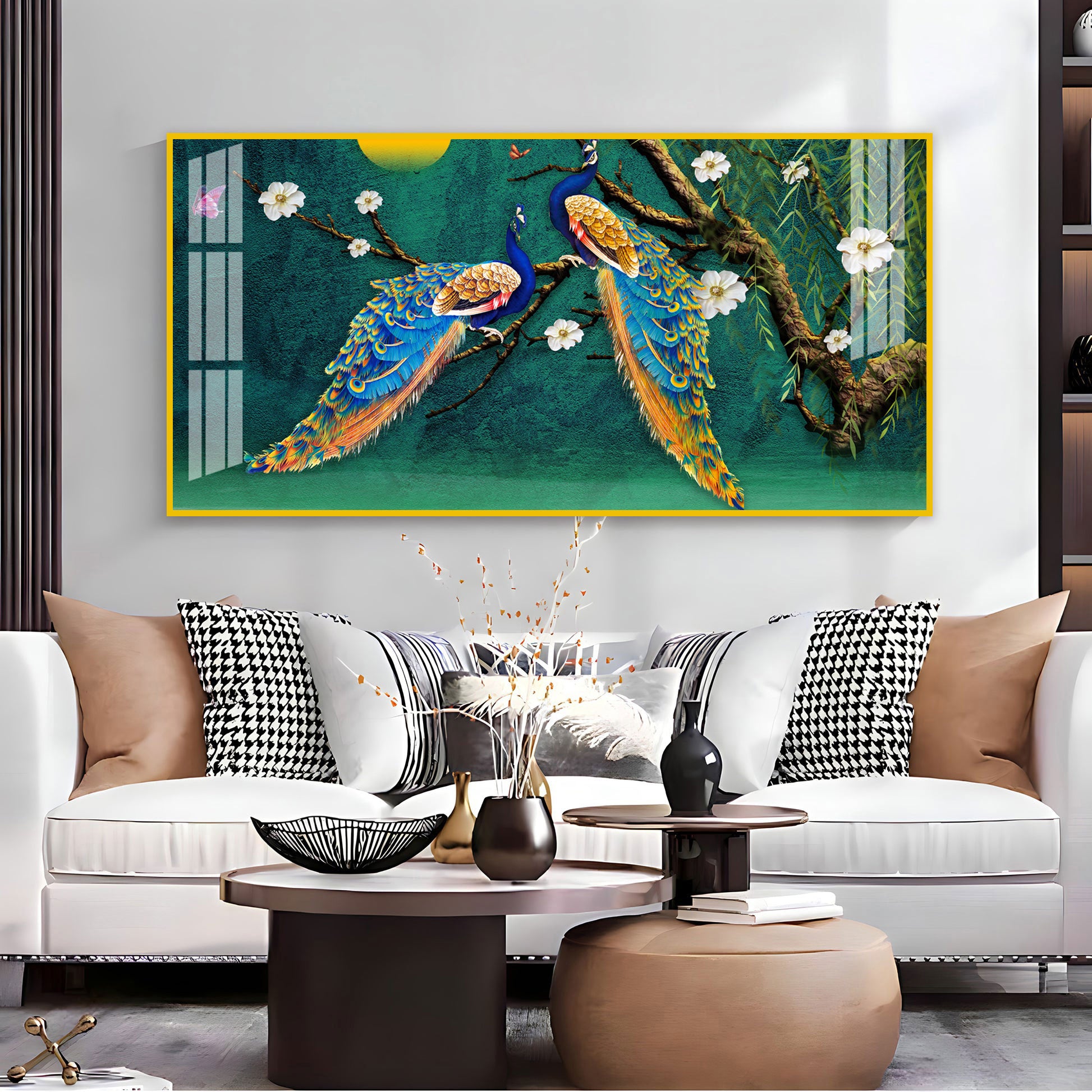 Calm Peacock Birds Scene Acrylic Wall Art Canvas With Flowers And Artistic Style