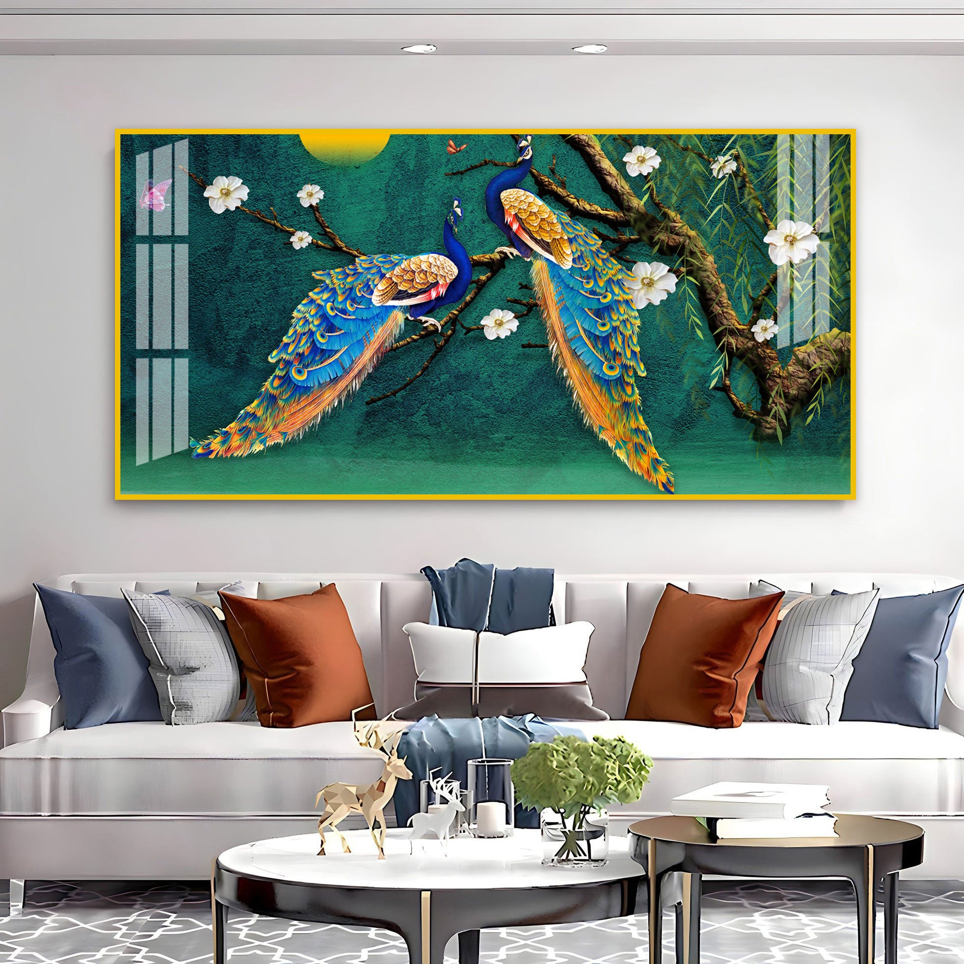 Calm Peacock Birds Scene Acrylic Wall Art Canvas With Flowers And Artistic Style