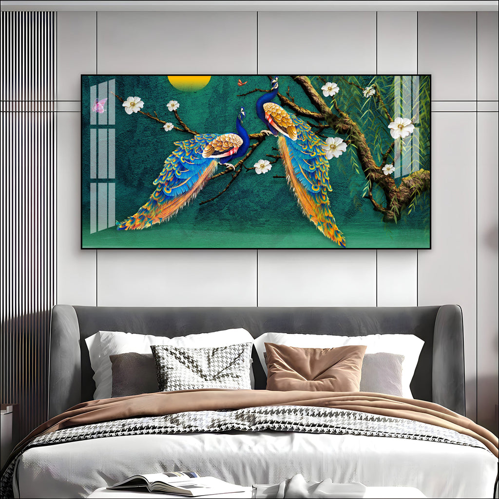 Calm Peacock Birds Scene Acrylic Wall Art Canvas With Flowers And Artistic Style