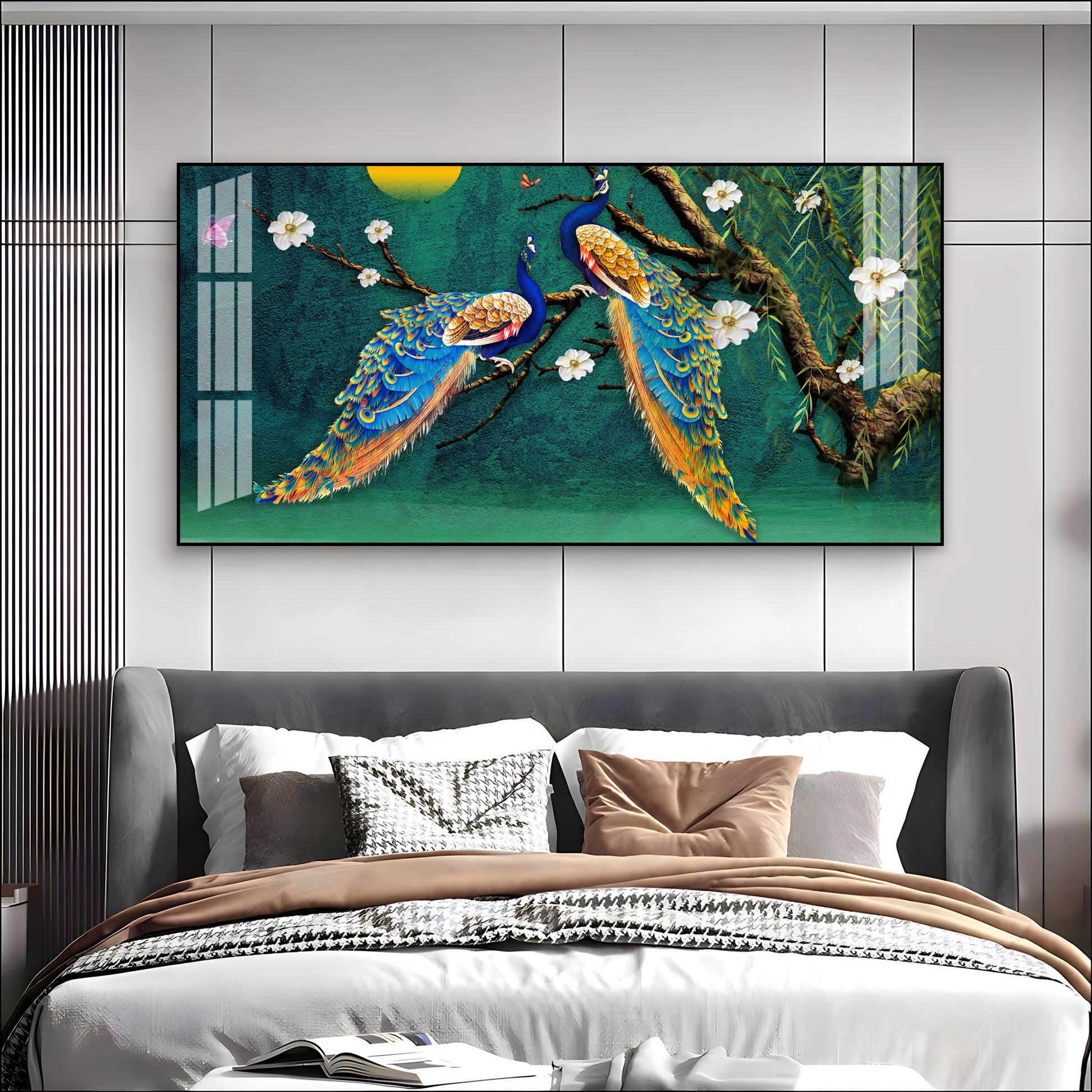 Calm Peacock Birds Scene Acrylic Wall Art Canvas With Flowers And Artistic Style
