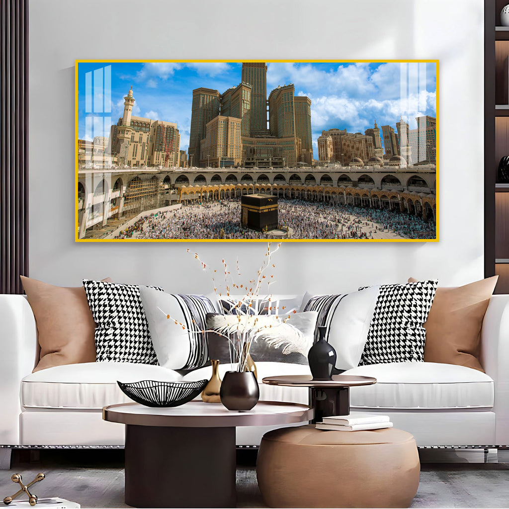 Peaceful Mecca Kaaba View Acrylic Wall Art Canvas With City Skyline And Holy Mosque