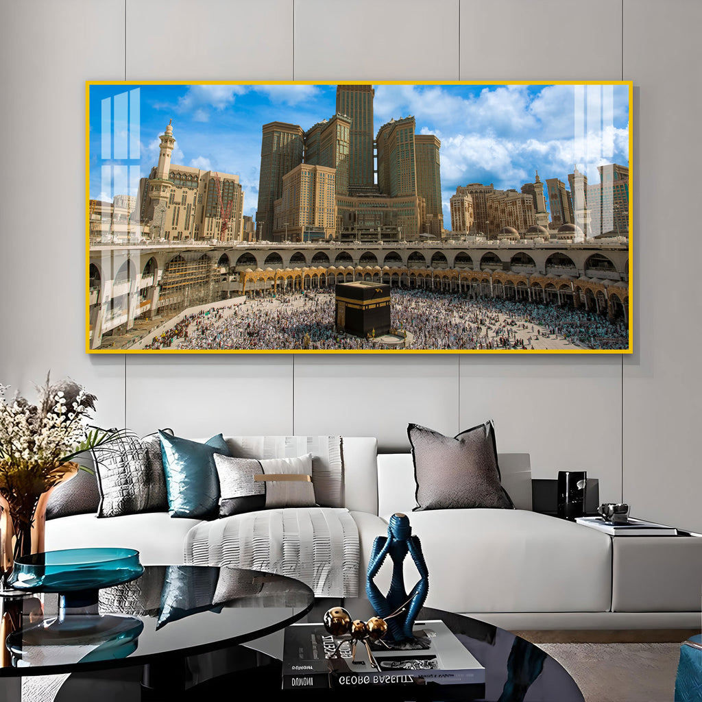 Peaceful Mecca Kaaba View Acrylic Wall Art Canvas With City Skyline And Holy Mosque