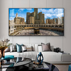 Peaceful Mecca Kaaba View Acrylic Wall Art Canvas With City Skyline And Holy Mosque