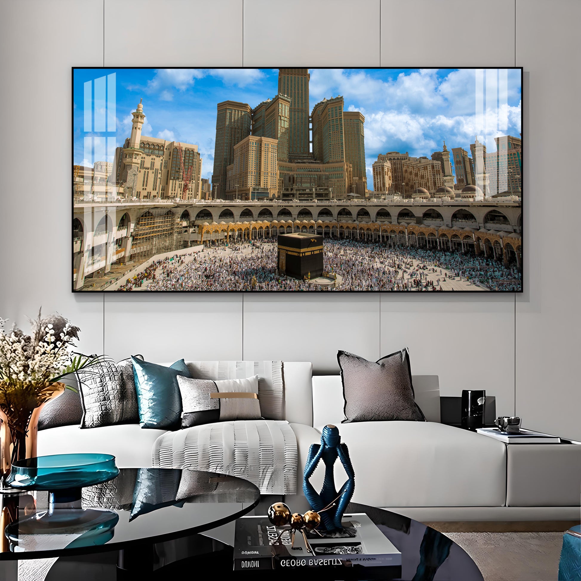 Peaceful Mecca Kaaba View Acrylic Wall Art Canvas With City Skyline And Holy Mosque