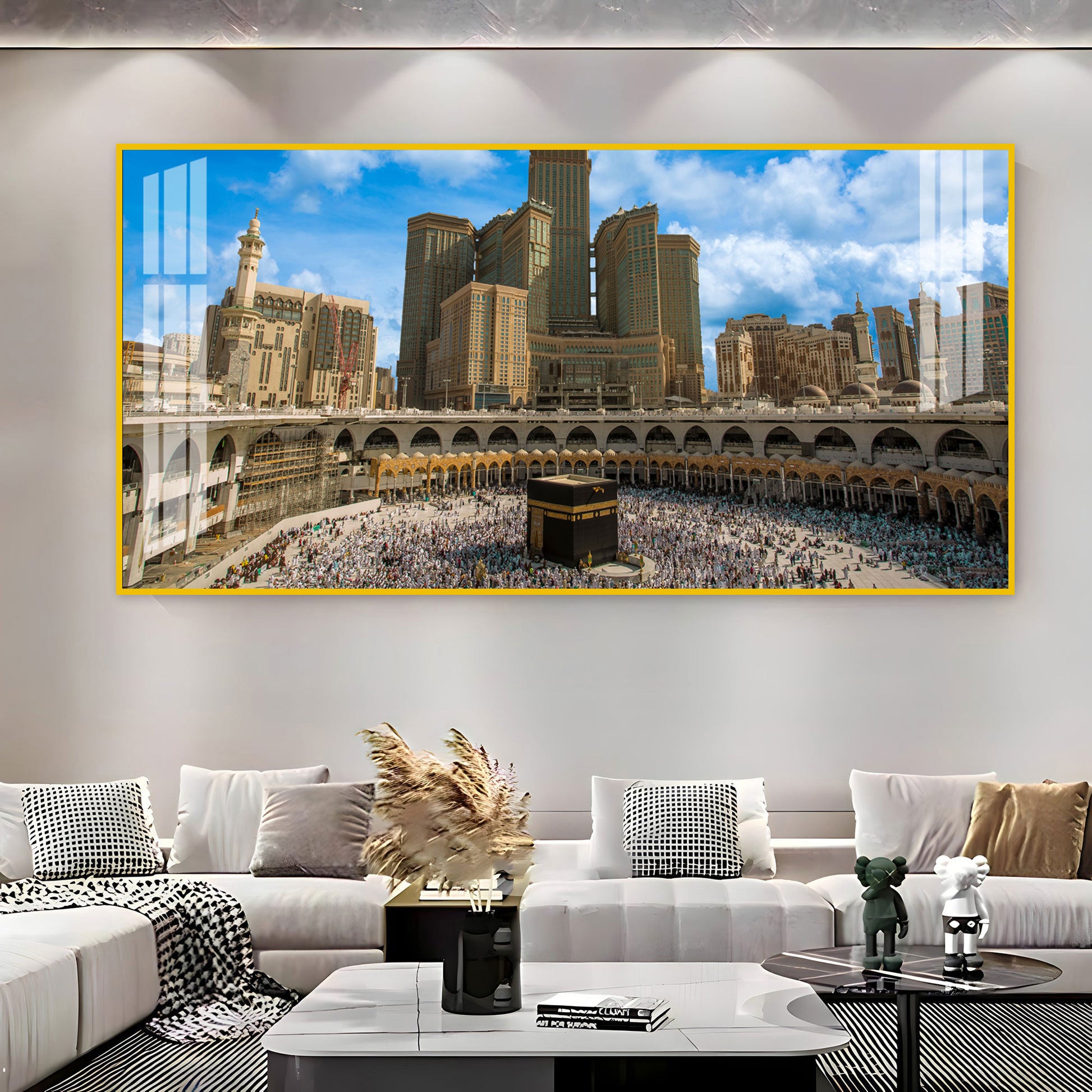 Peaceful Mecca Kaaba View Acrylic Wall Art Canvas With City Skyline And Holy Mosque