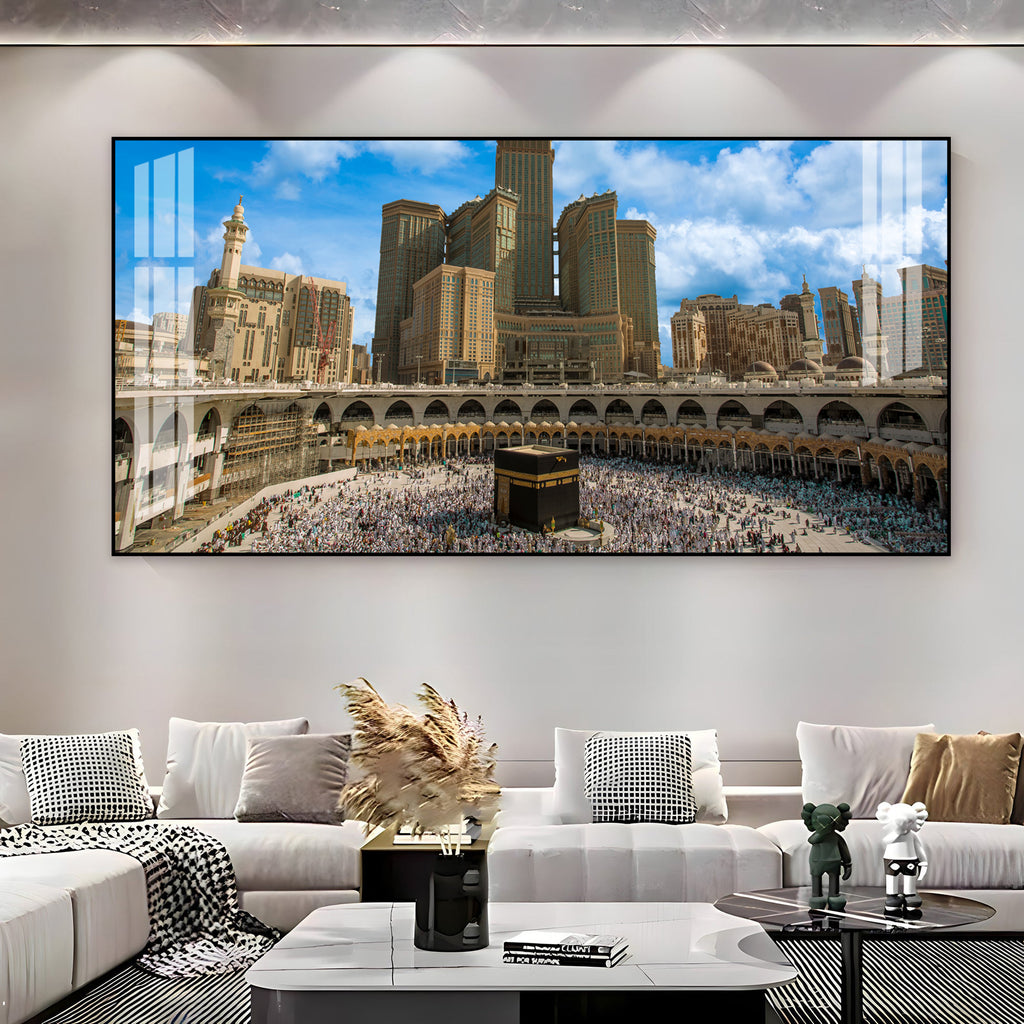 Peaceful Mecca Kaaba View Acrylic Wall Art Canvas With City Skyline And Holy Mosque