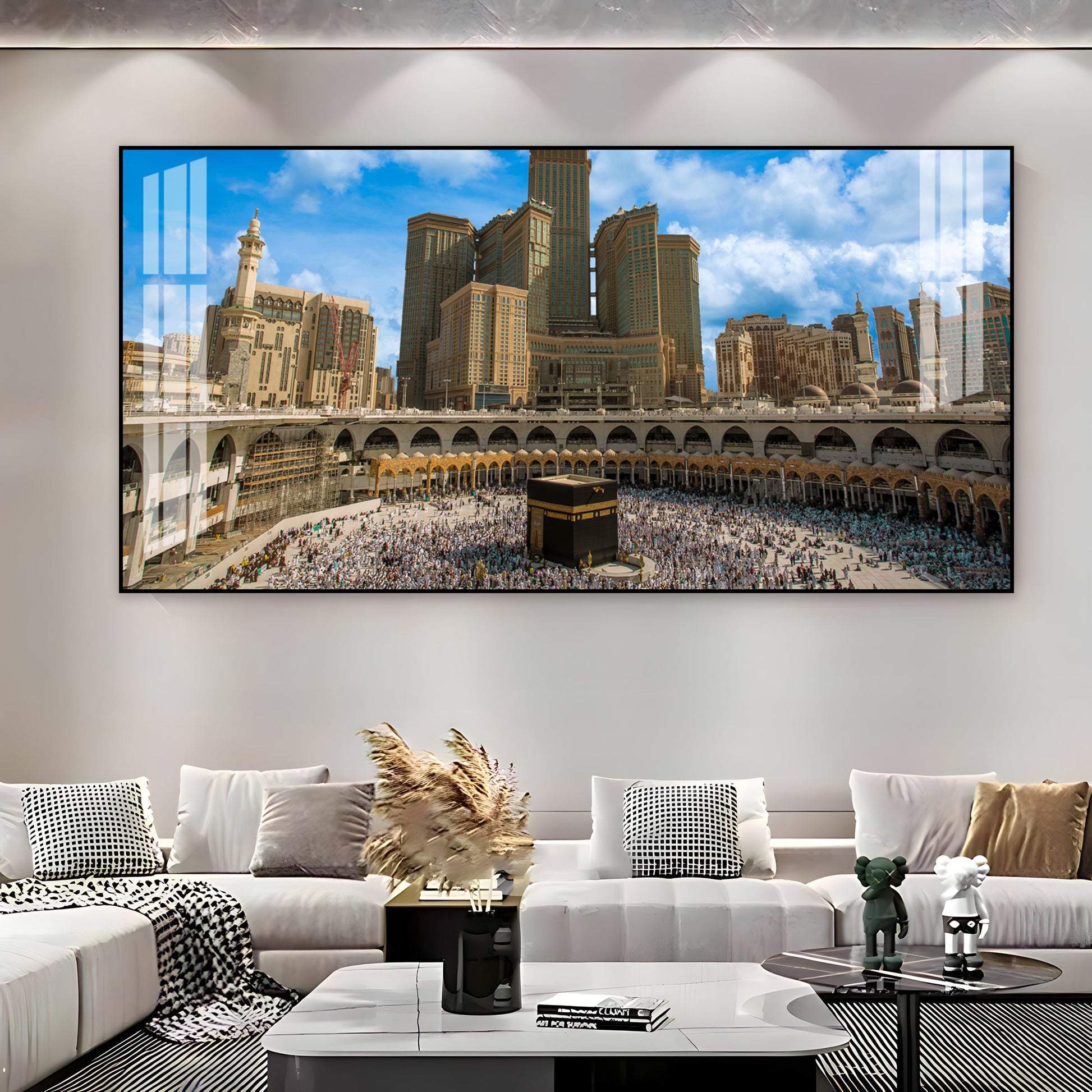 Peaceful Mecca Kaaba View Acrylic Wall Art Canvas With City Skyline And Holy Mosque