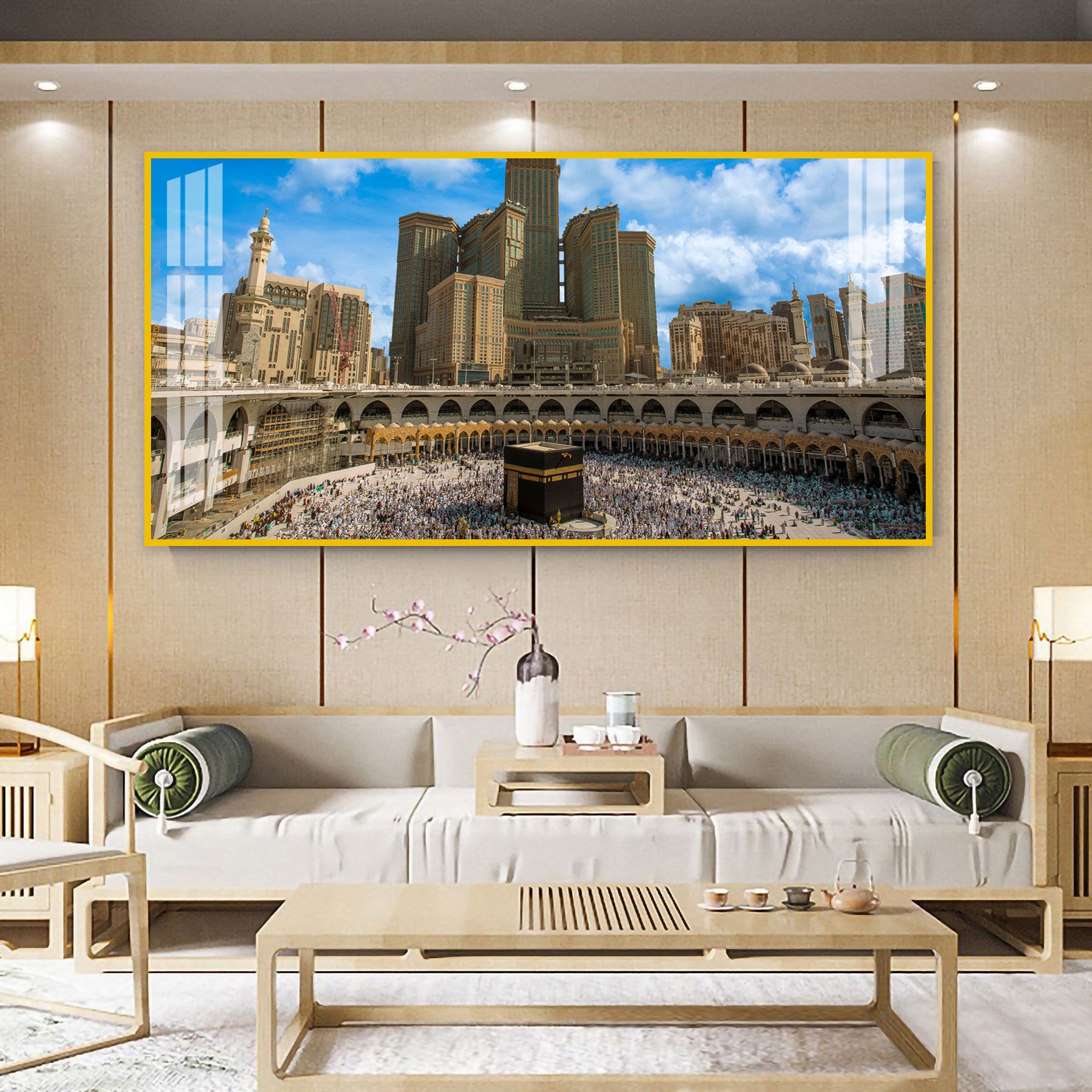 Peaceful Mecca Kaaba View Acrylic Wall Art Canvas With City Skyline And Holy Mosque