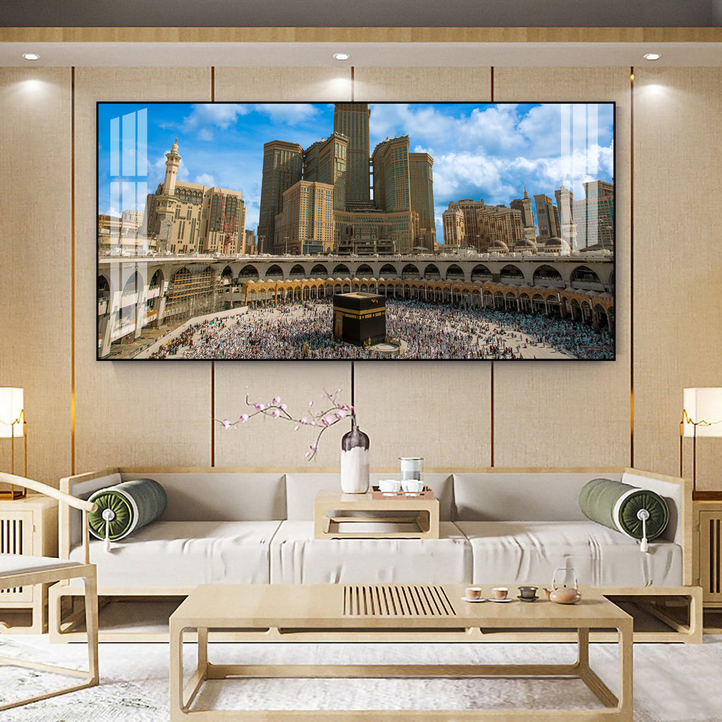 Peaceful Mecca Kaaba View Acrylic Wall Art Canvas With City Skyline And Holy Mosque