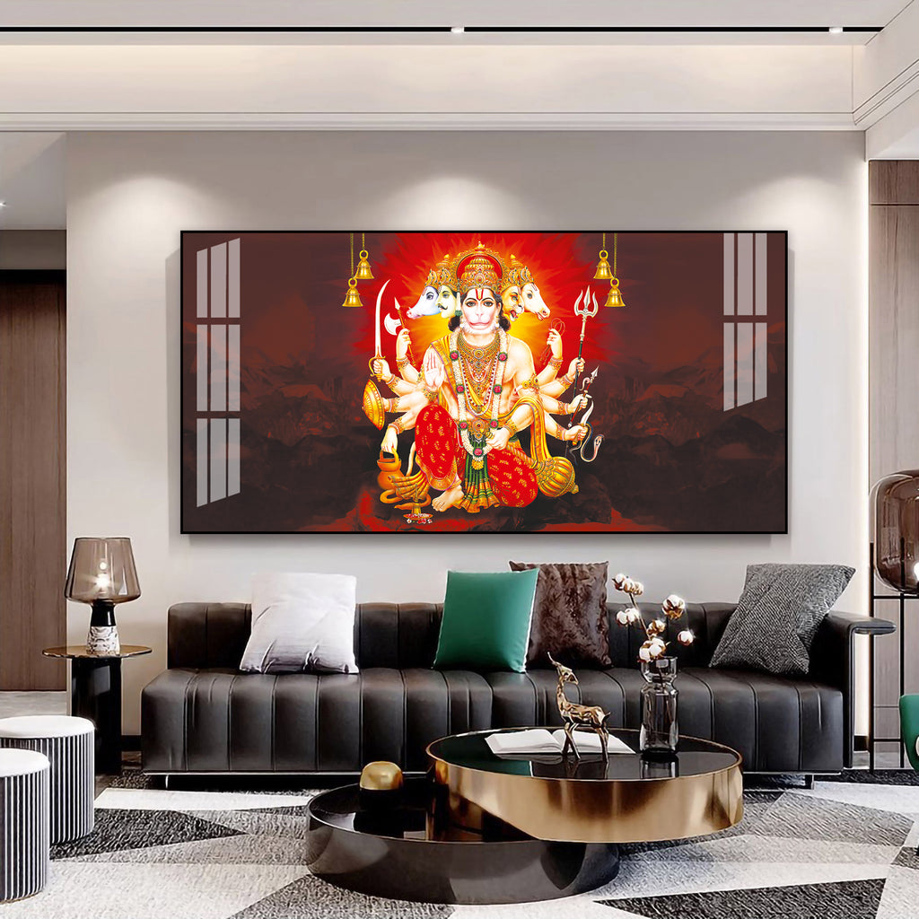 Scenic Panchmukhi Hanuman Acrylic Wall Art Canvas With Divine Energy And Sacred Theme