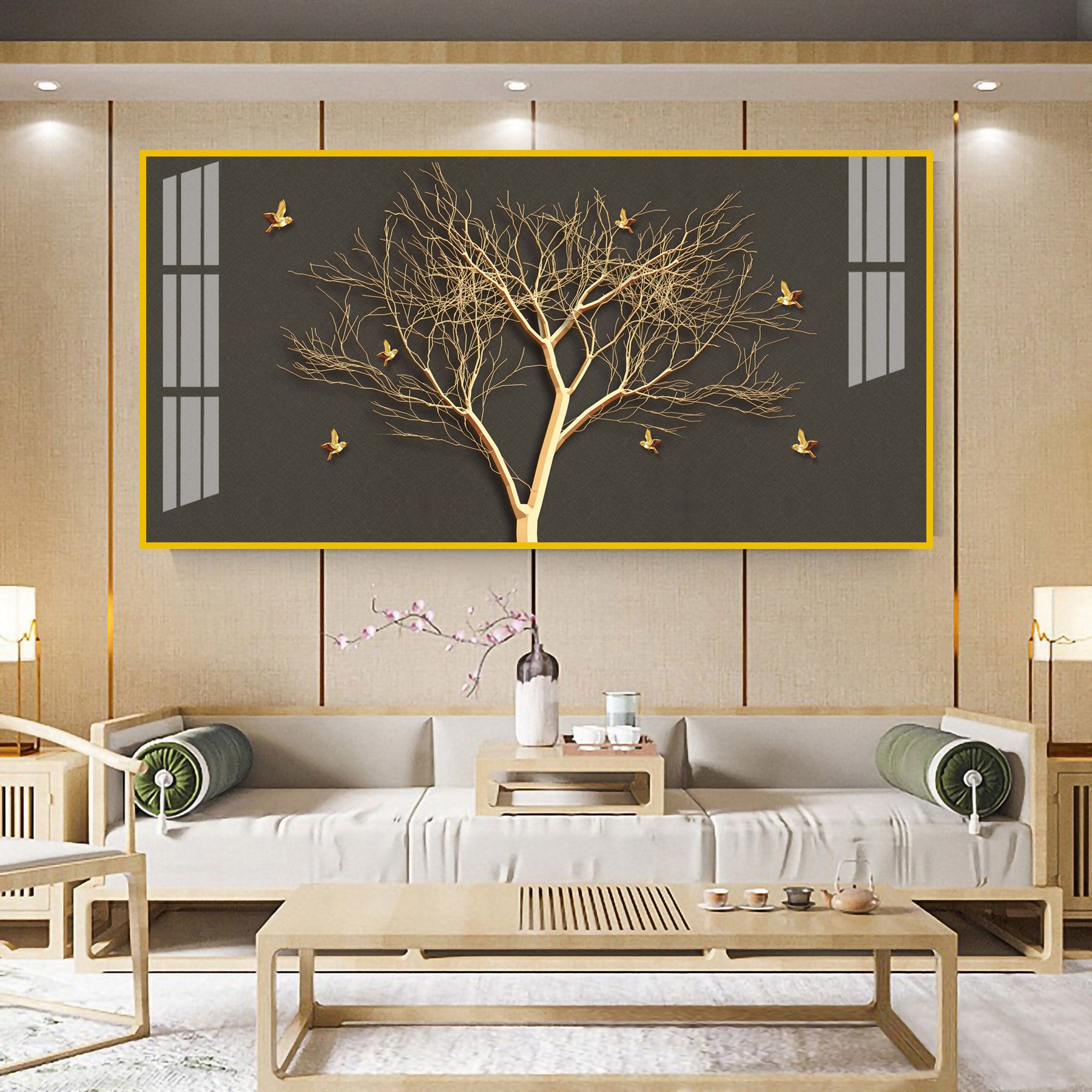 Luxury Tree Wall Design Acrylic Wall Art Canvas With Gold Finish And Modern Look
