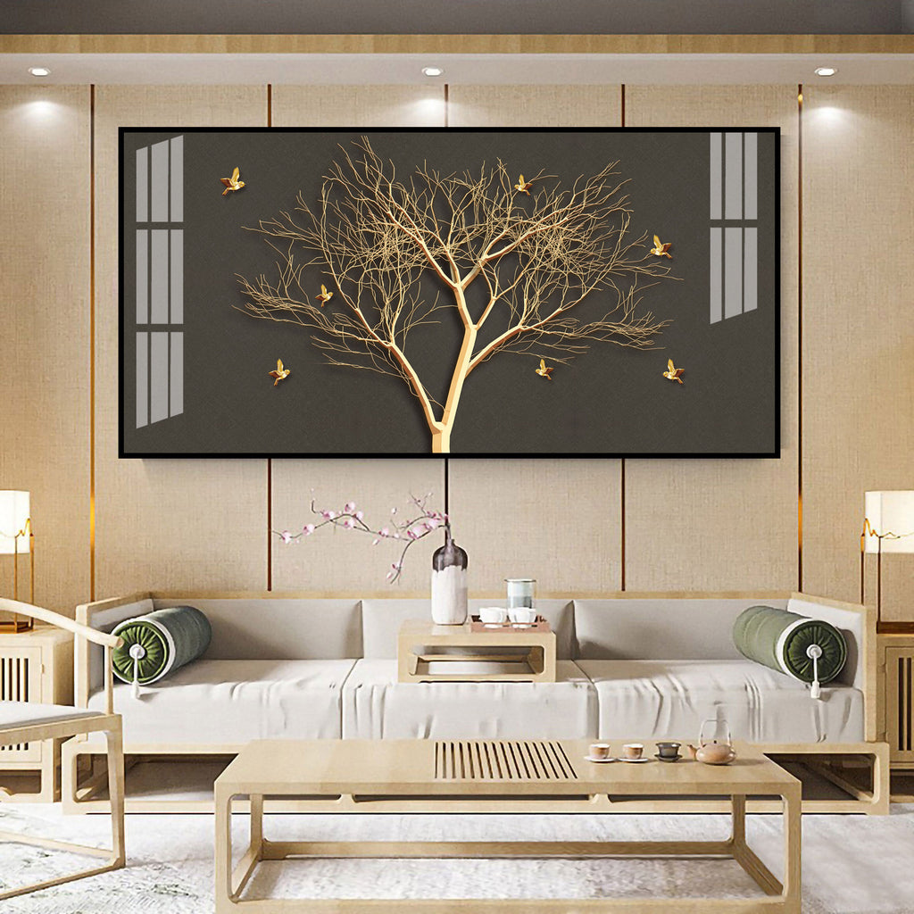 Luxury Tree Wall Design Acrylic Wall Art Canvas With Gold Finish And Modern Look