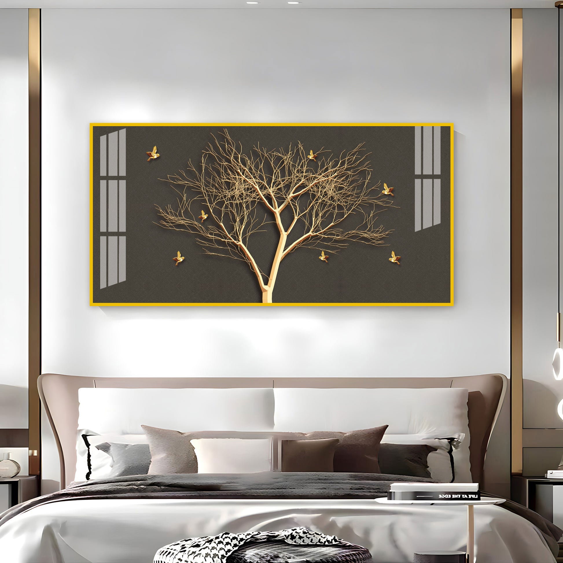 Luxury Tree Wall Design Acrylic Wall Art Canvas With Gold Finish And Modern Look