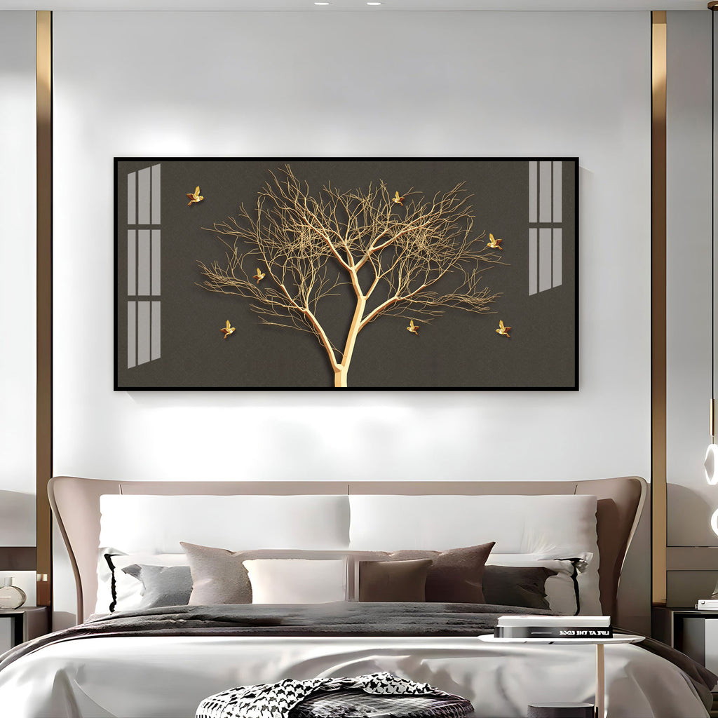 Luxury Tree Wall Design Acrylic Wall Art Canvas With Gold Finish And Modern Look