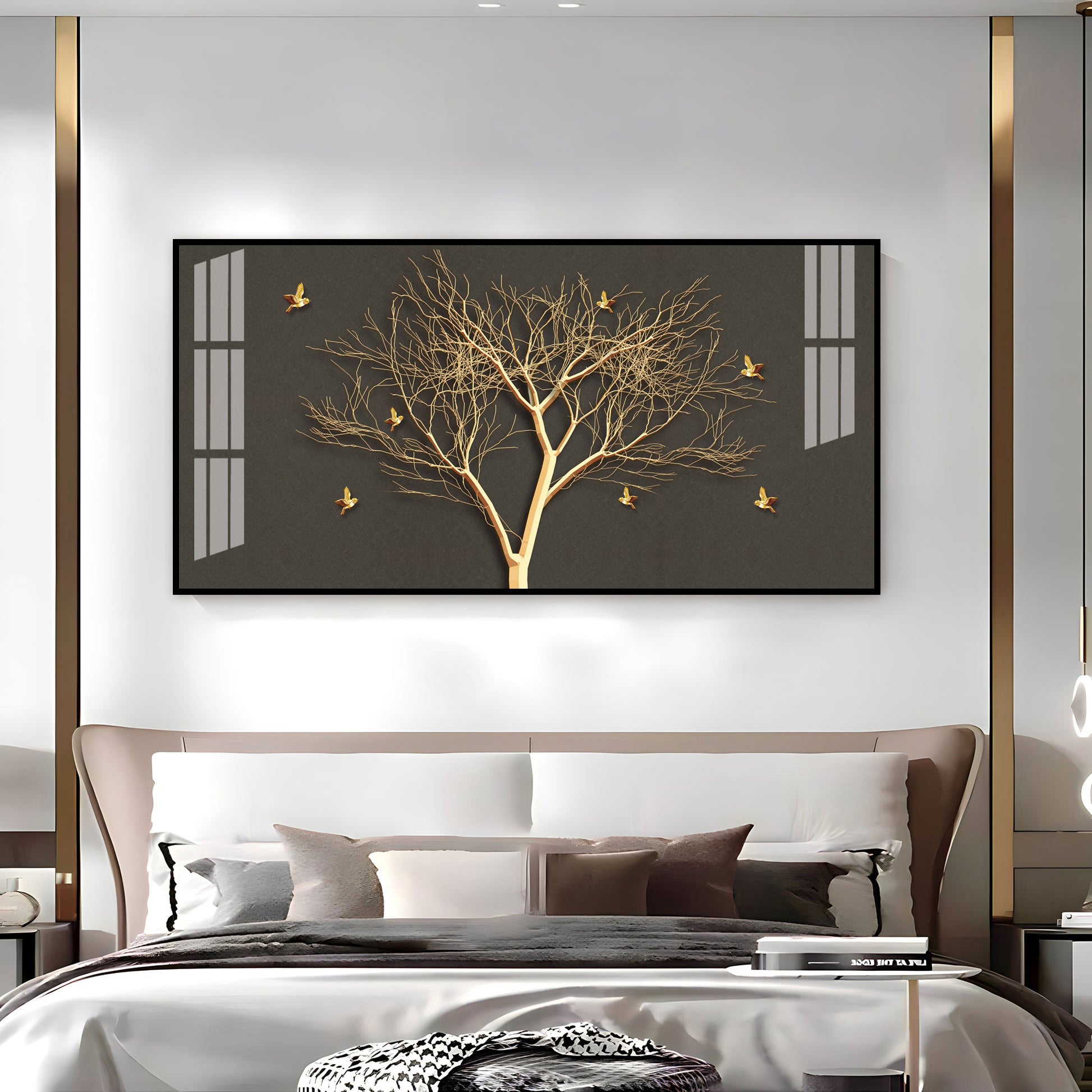 Luxury Tree Wall Design Acrylic Wall Art Canvas With Gold Finish And Modern Look