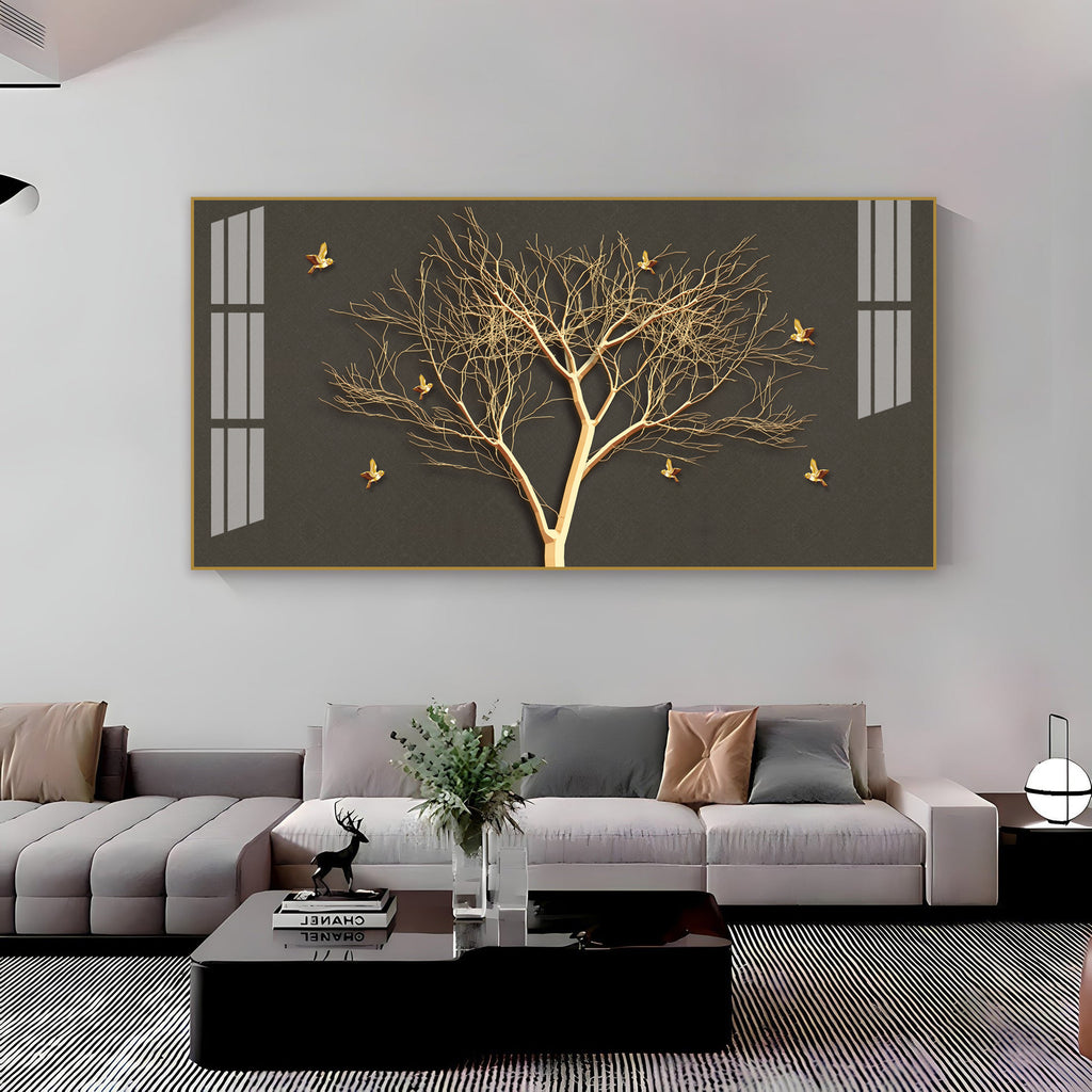Luxury Tree Wall Design Acrylic Wall Art Canvas With Gold Finish And Modern Look