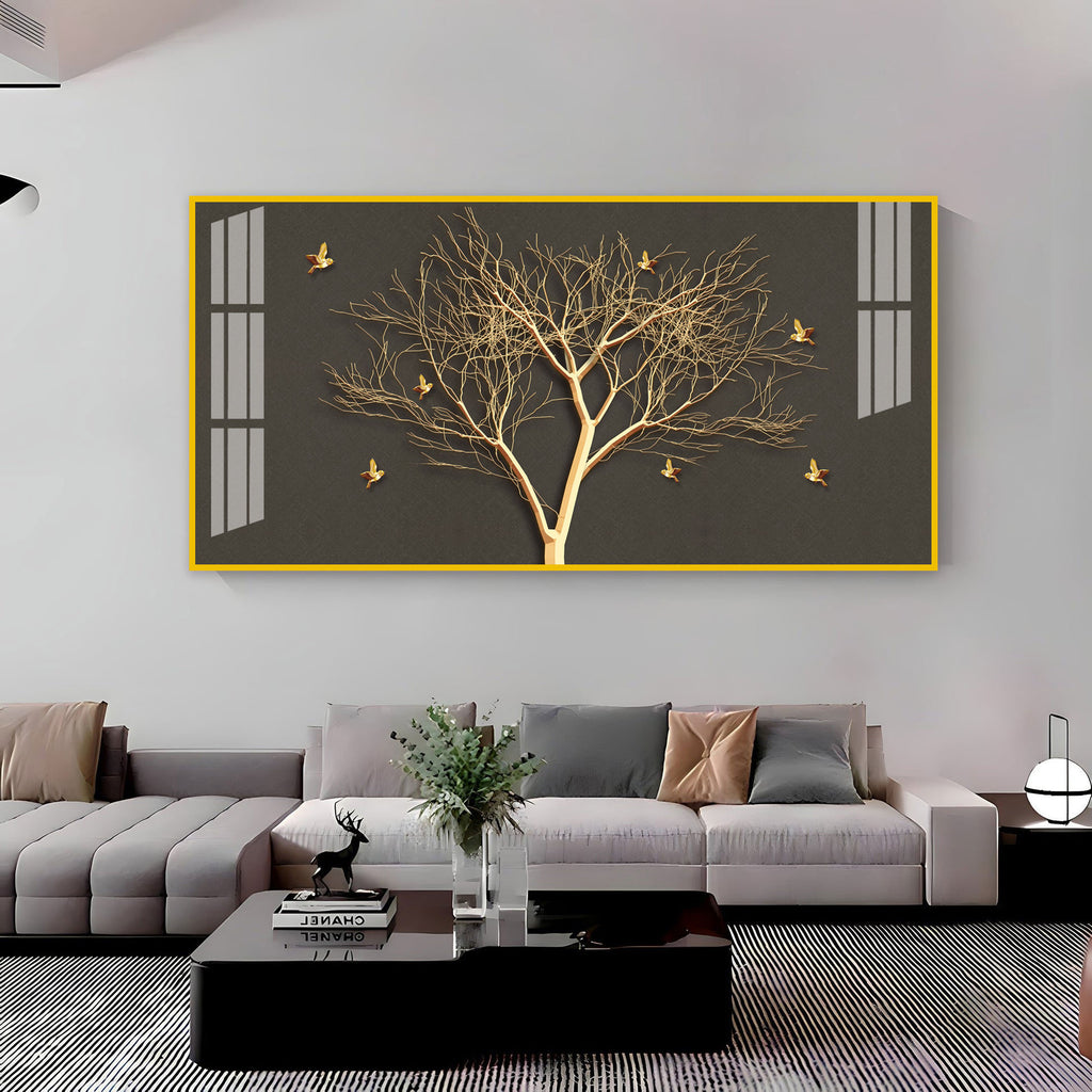 Luxury Tree Wall Design Acrylic Wall Art Canvas With Gold Finish And Modern Look
