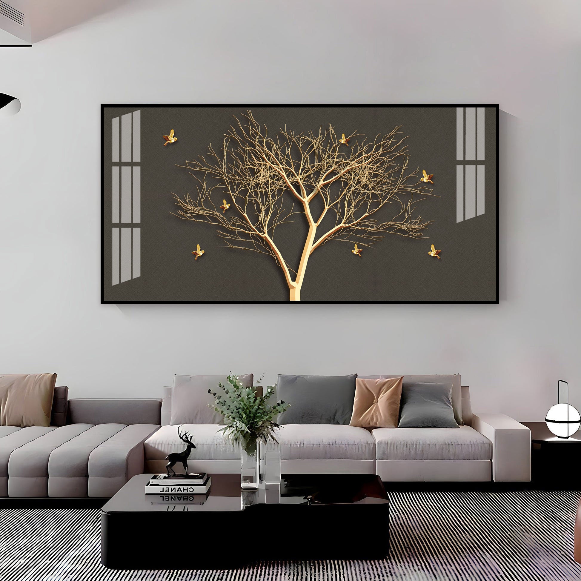 Luxury Tree Wall Design Acrylic Wall Art Canvas With Gold Finish And Modern Look