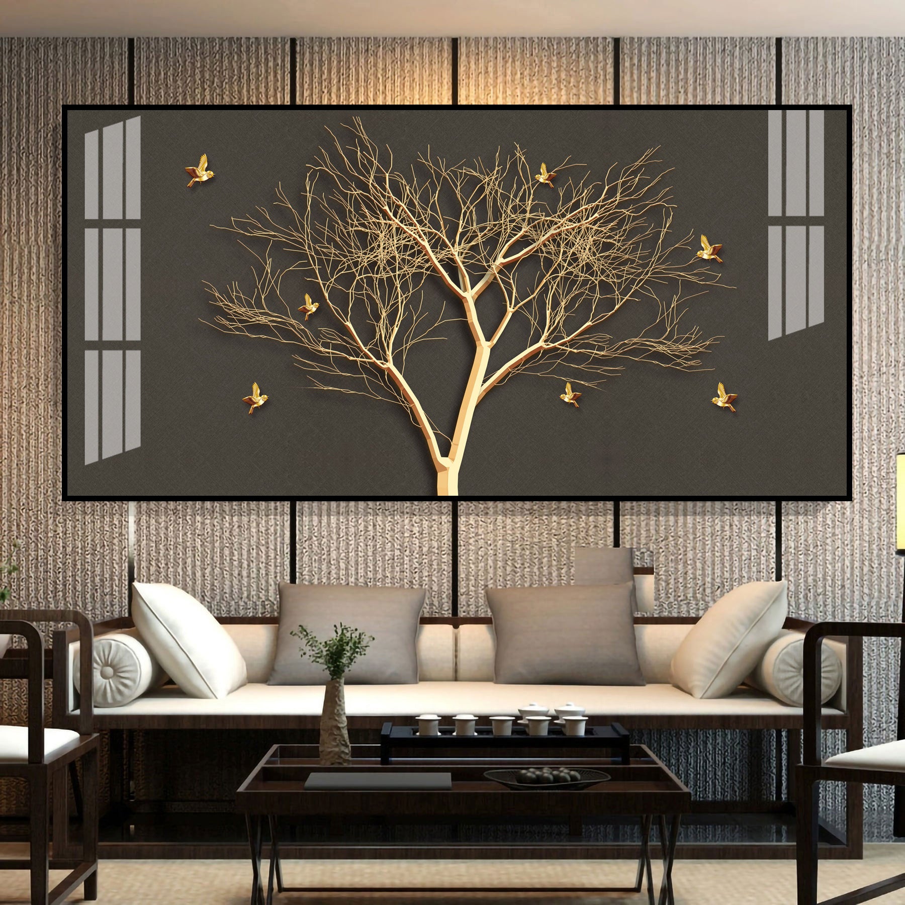 Luxury Tree Wall Design Acrylic Wall Art Canvas With Gold Finish And Modern Look