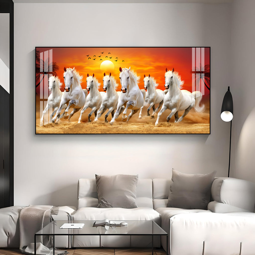 Running White Horses Acrylic Wall Art Canvas With Sunset Landscape And Nature Theme