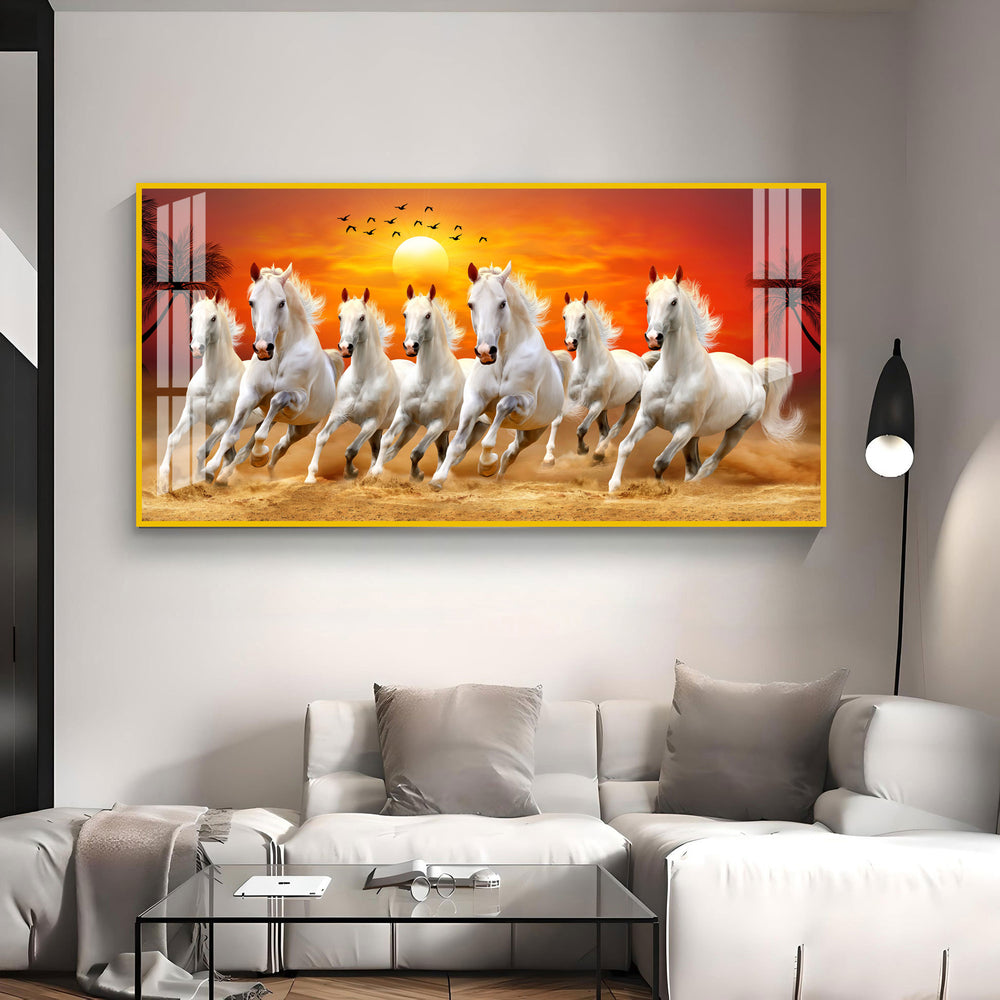 Running White Horses Acrylic Wall Art Canvas With Sunset Landscape And Nature Theme