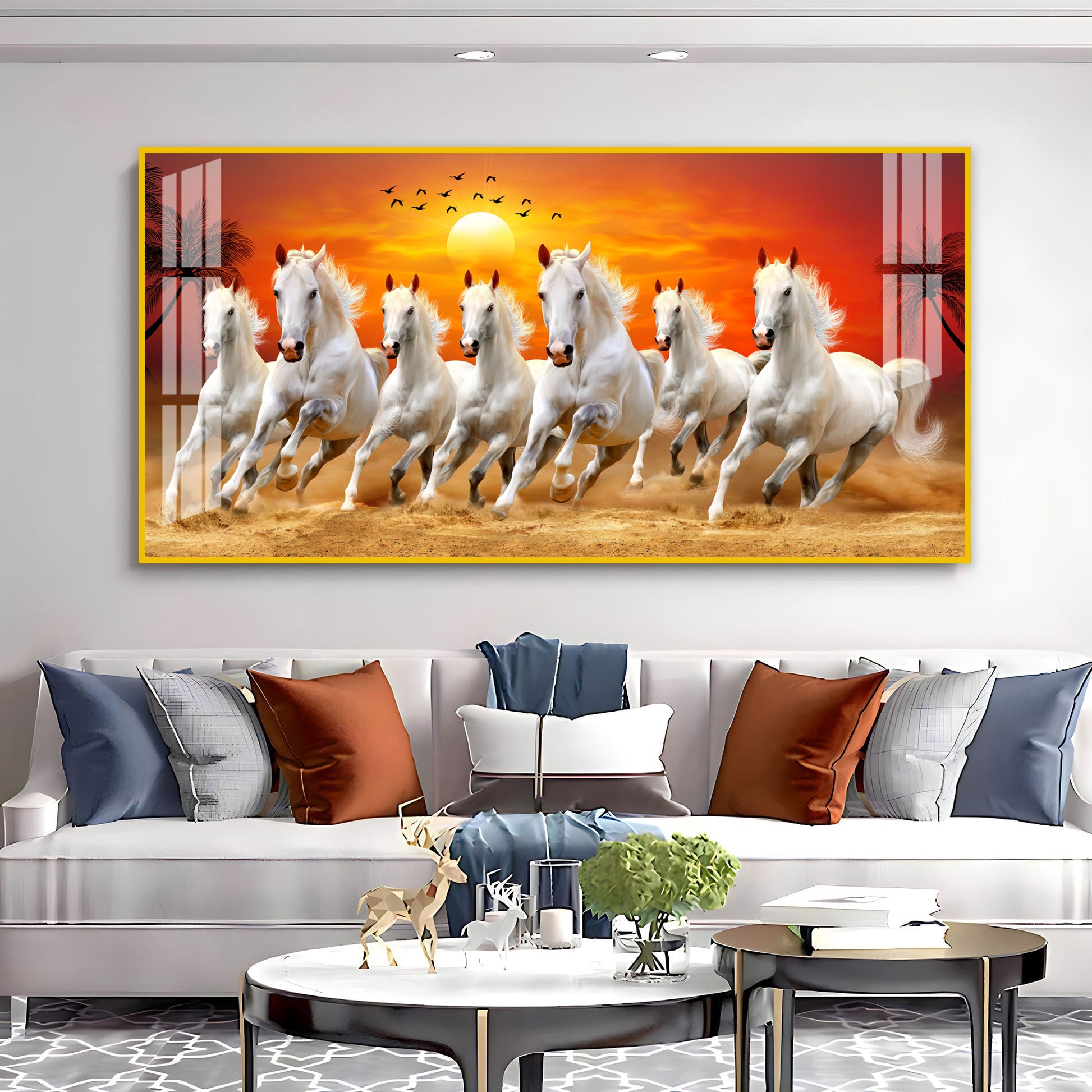 Running White Horses Acrylic Wall Art Canvas With Sunset Landscape And Nature Theme
