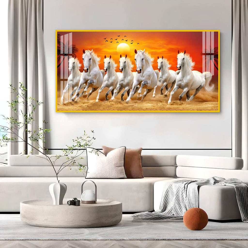 Running White Horses Acrylic Wall Art Canvas With Sunset Landscape And Nature Theme