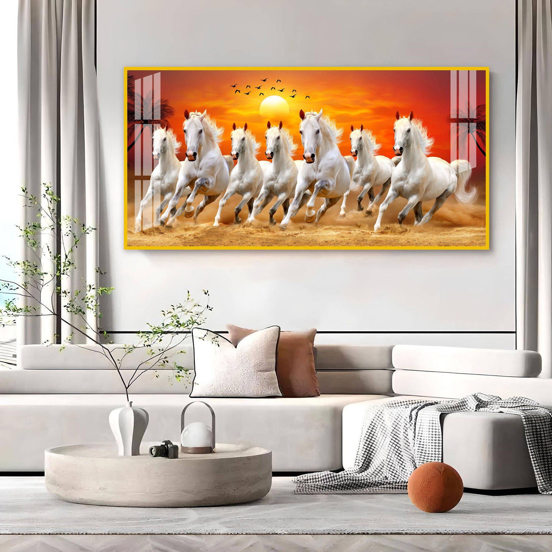 Running White Horses Acrylic Wall Art Canvas With Sunset Landscape And Nature Theme