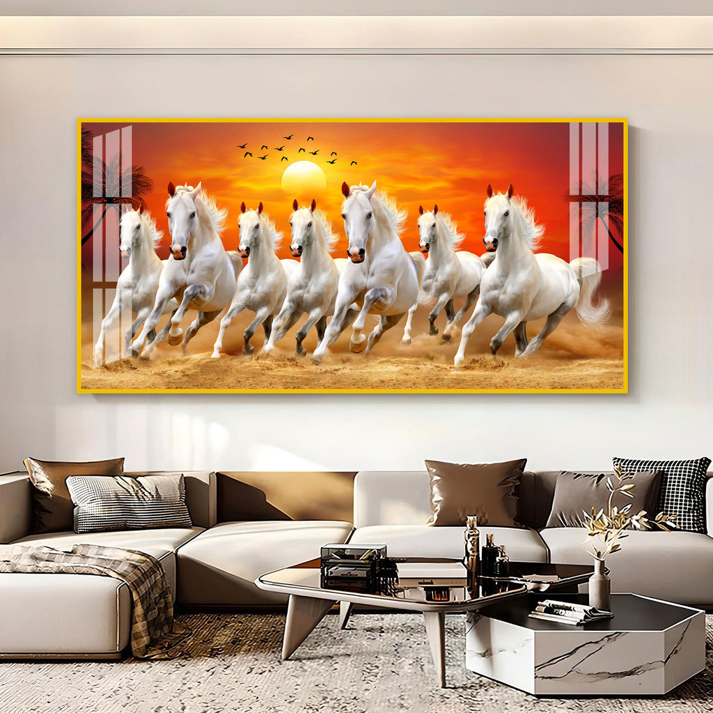 Running White Horses Acrylic Wall Art Canvas With Sunset Landscape And Nature Theme